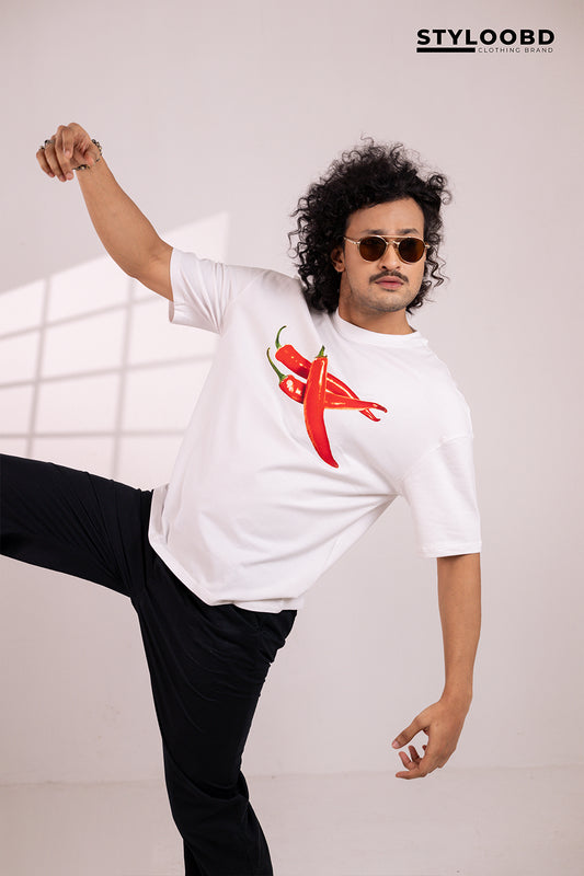 Premium Spice Mode On – Forest Green Chili Graphic Oversized T-Shirt