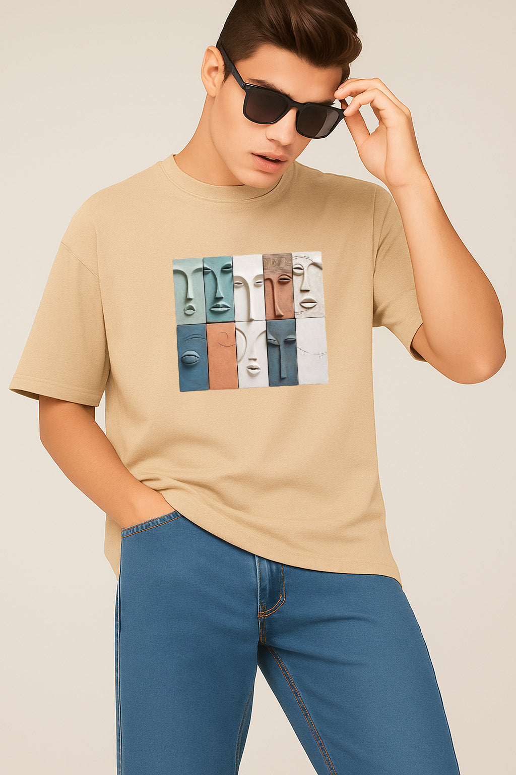 Premium Oversized T-Shirt with Colorful Abstract Faces – Modern Art Graphic Tee