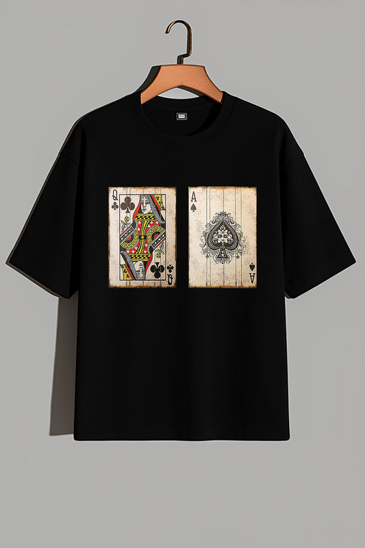 Premium Oversized T-Shirt with Vintage Playing Card Print – Queen of Clubs & Ace of Spades
