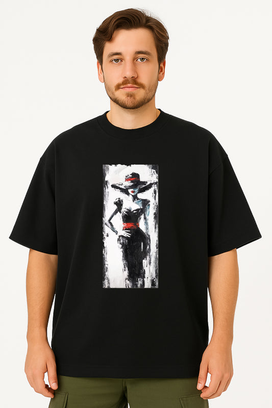 Person wearing a black t-shirt with a graphic design on a white background