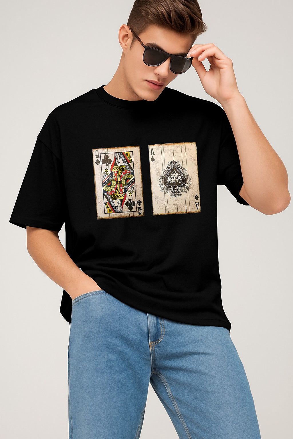 Premium Oversized T-Shirt with Vintage Playing Card Print – Queen of Clubs & Ace of Spades