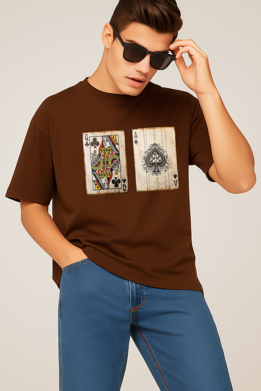 Premium Oversized T-Shirt with Vintage Playing Card Print – Queen of Clubs & Ace of Spades