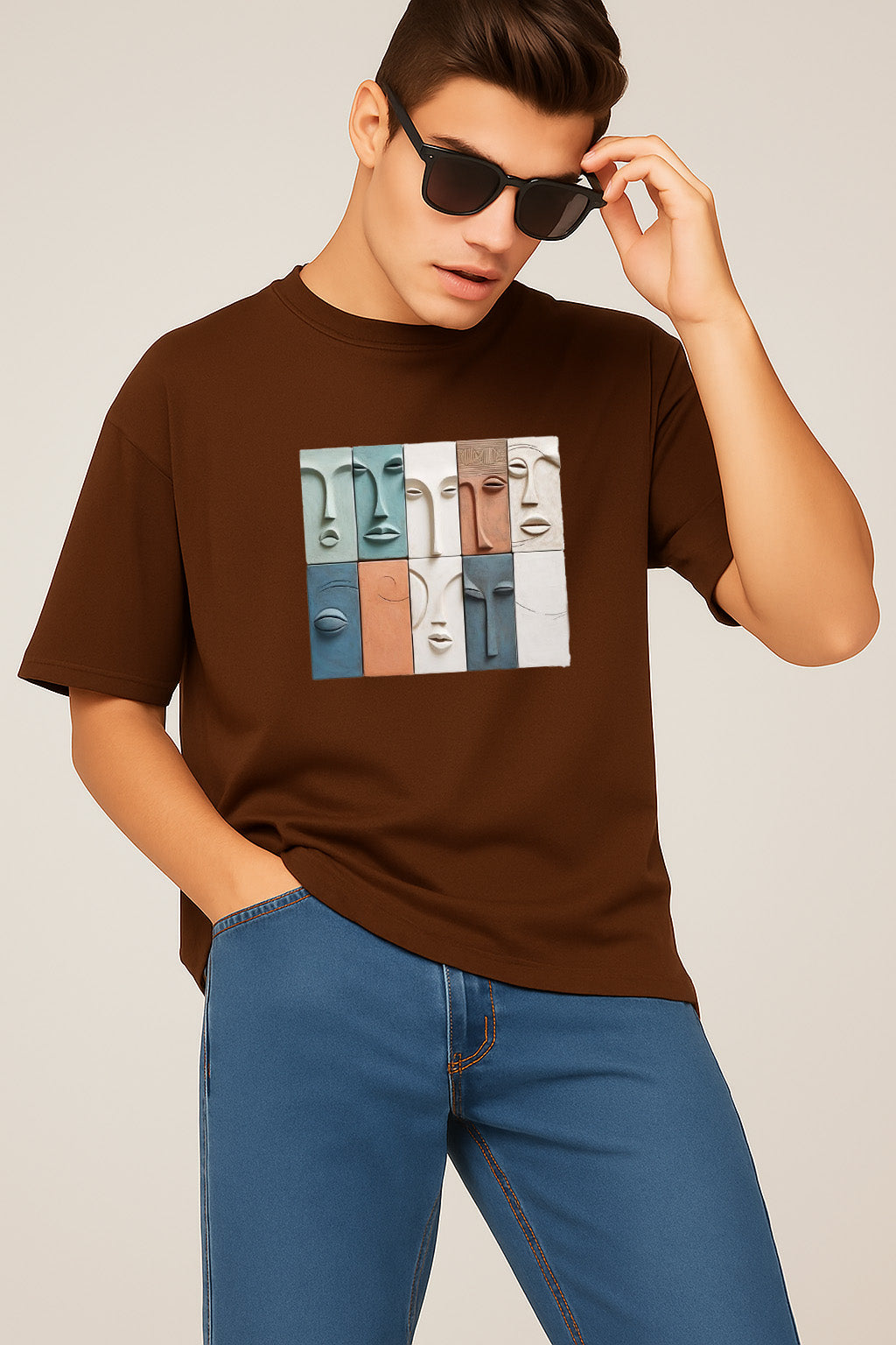Premium Oversized T-Shirt with Colorful Abstract Faces – Modern Art Graphic Tee