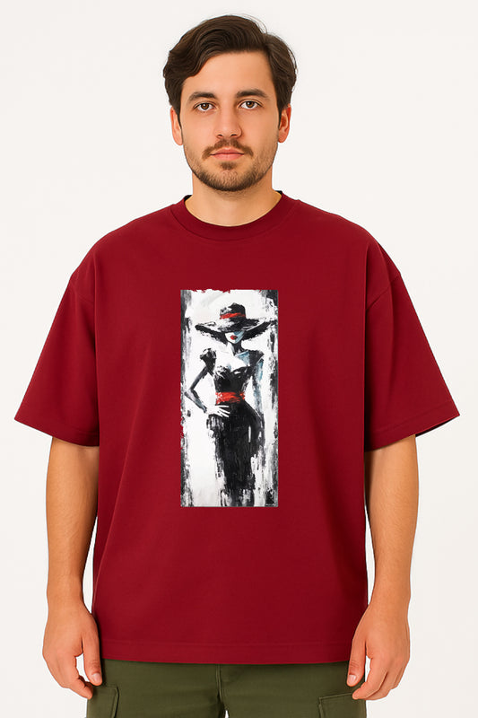 Man wearing a red t-shirt with a graphic design of a woman in a hat on a white background