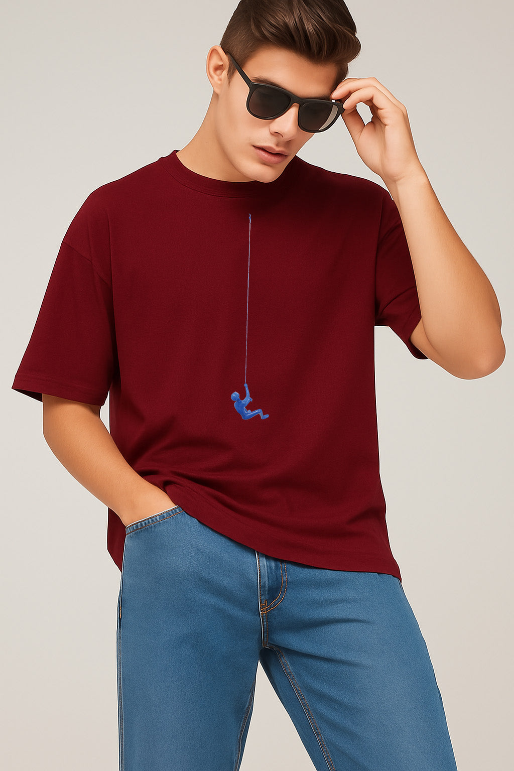 Premium Oversized T-Shirt with Minimal Blue Climber Rope Graphic