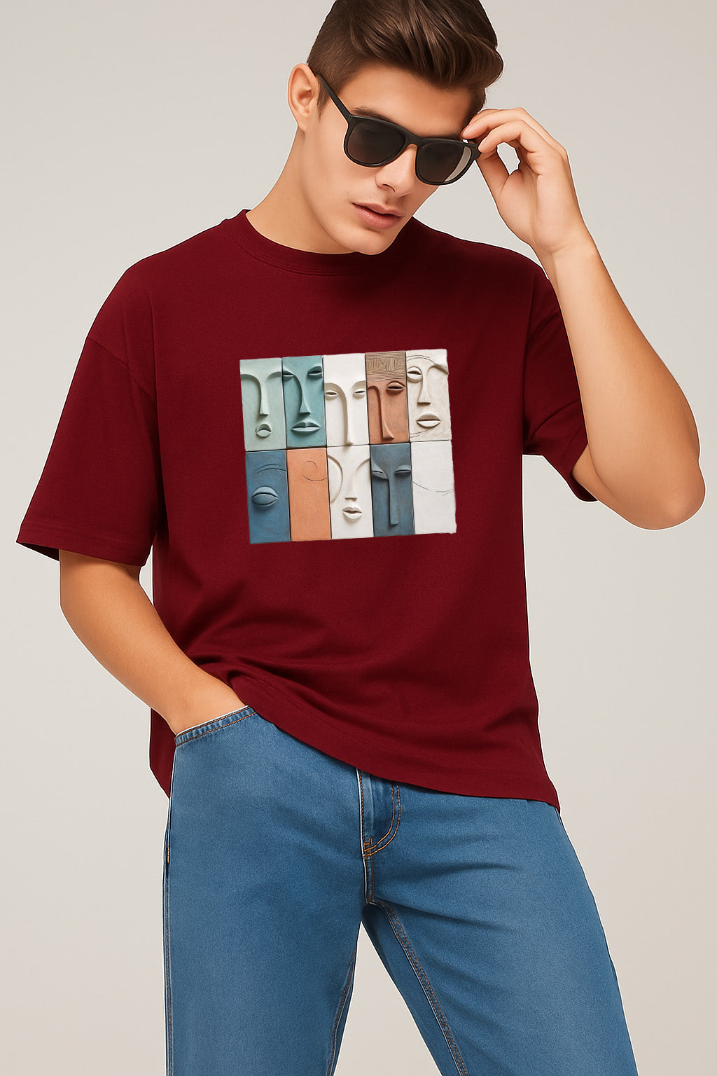 Premium Oversized T-Shirt with Colorful Abstract Faces – Modern Art Graphic Tee