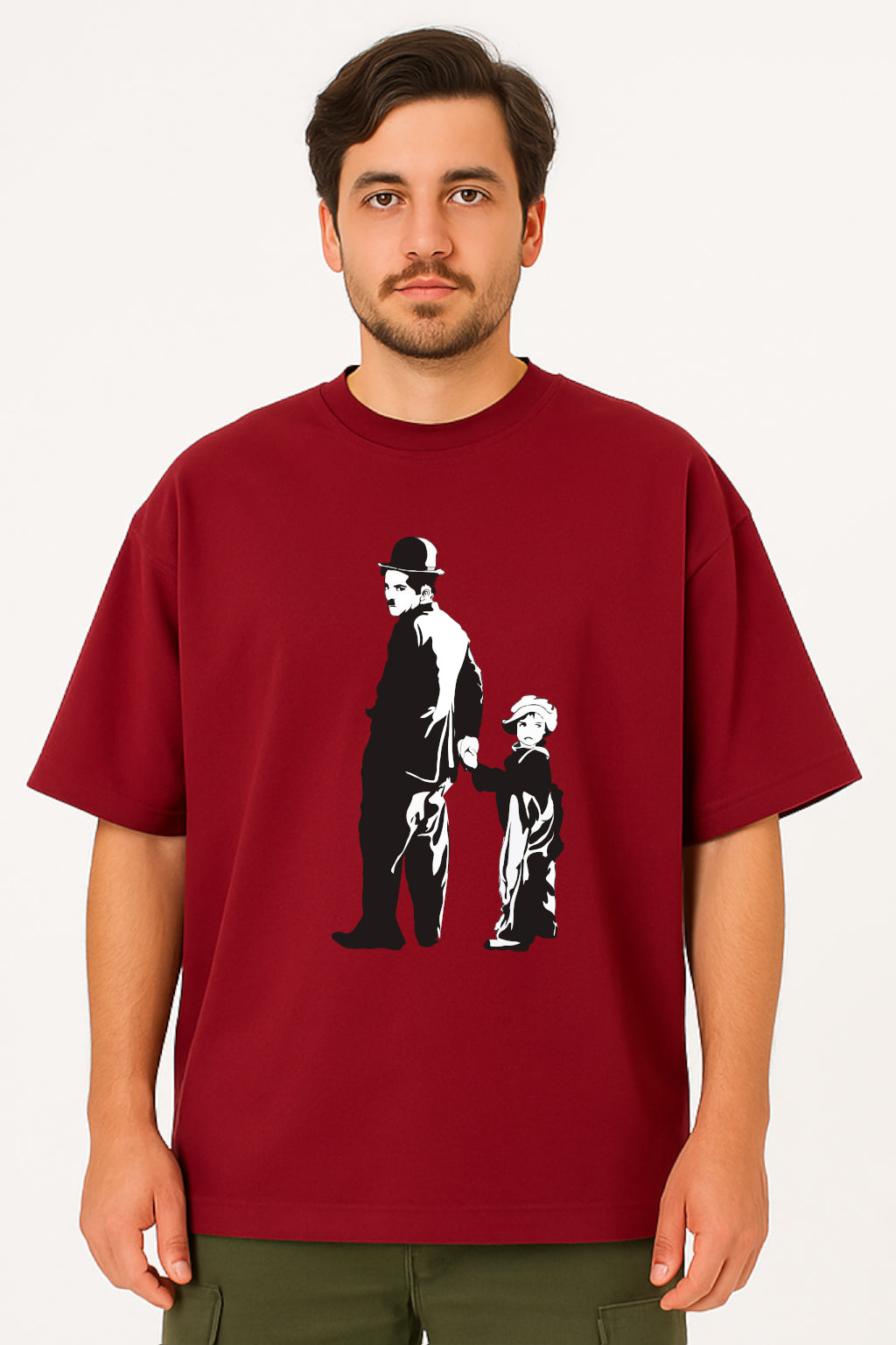 Charlie Chaplin Oversized Tee with Classic Duo Silhouette Print