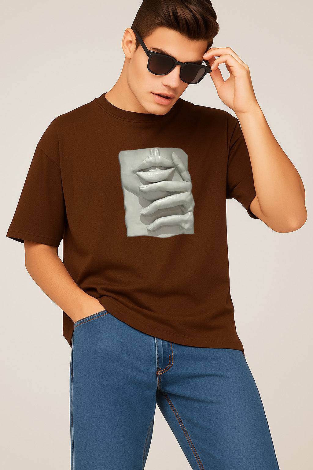 Premium Graphic T-Shirt with Sculpted Lips & Hands – Artistic Streetwear Design