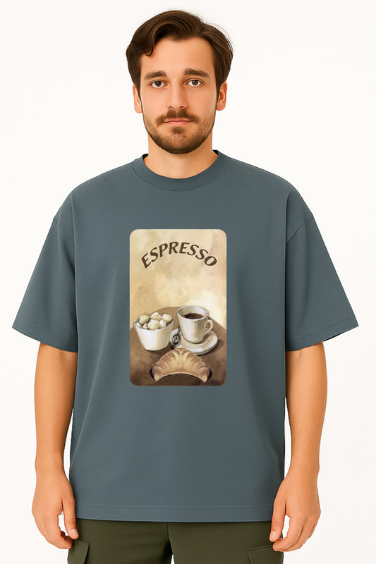 Man wearing a blue t-shirt with an 'Espresso' graphic design.