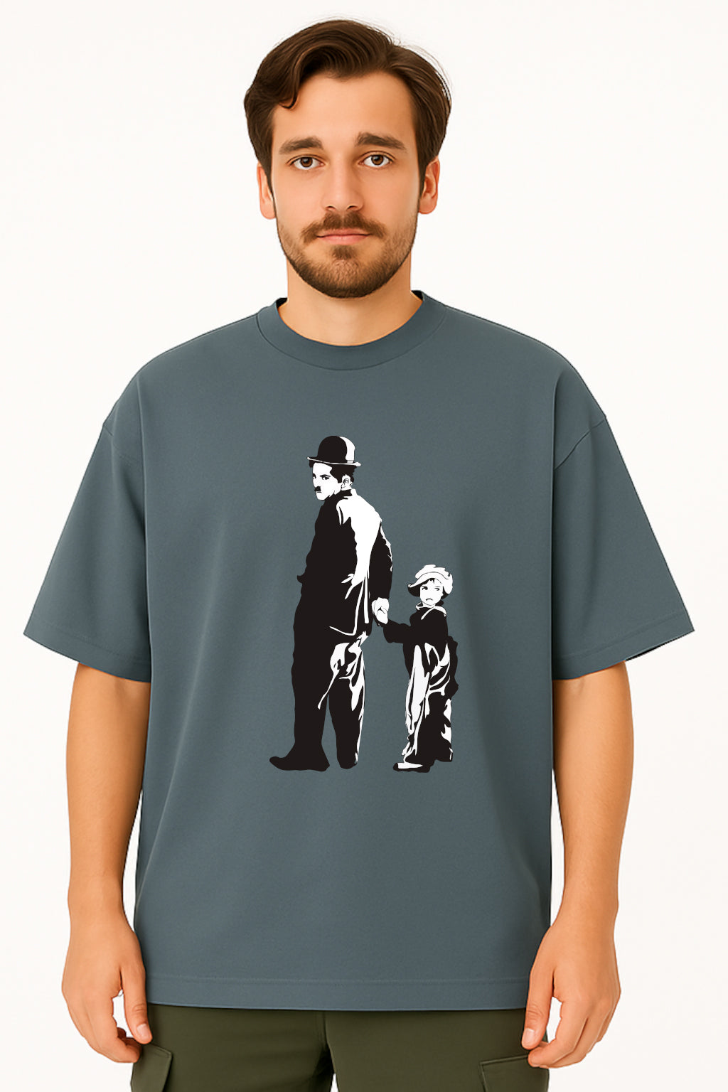 Charlie Chaplin Oversized Tee with Classic Duo Silhouette Print