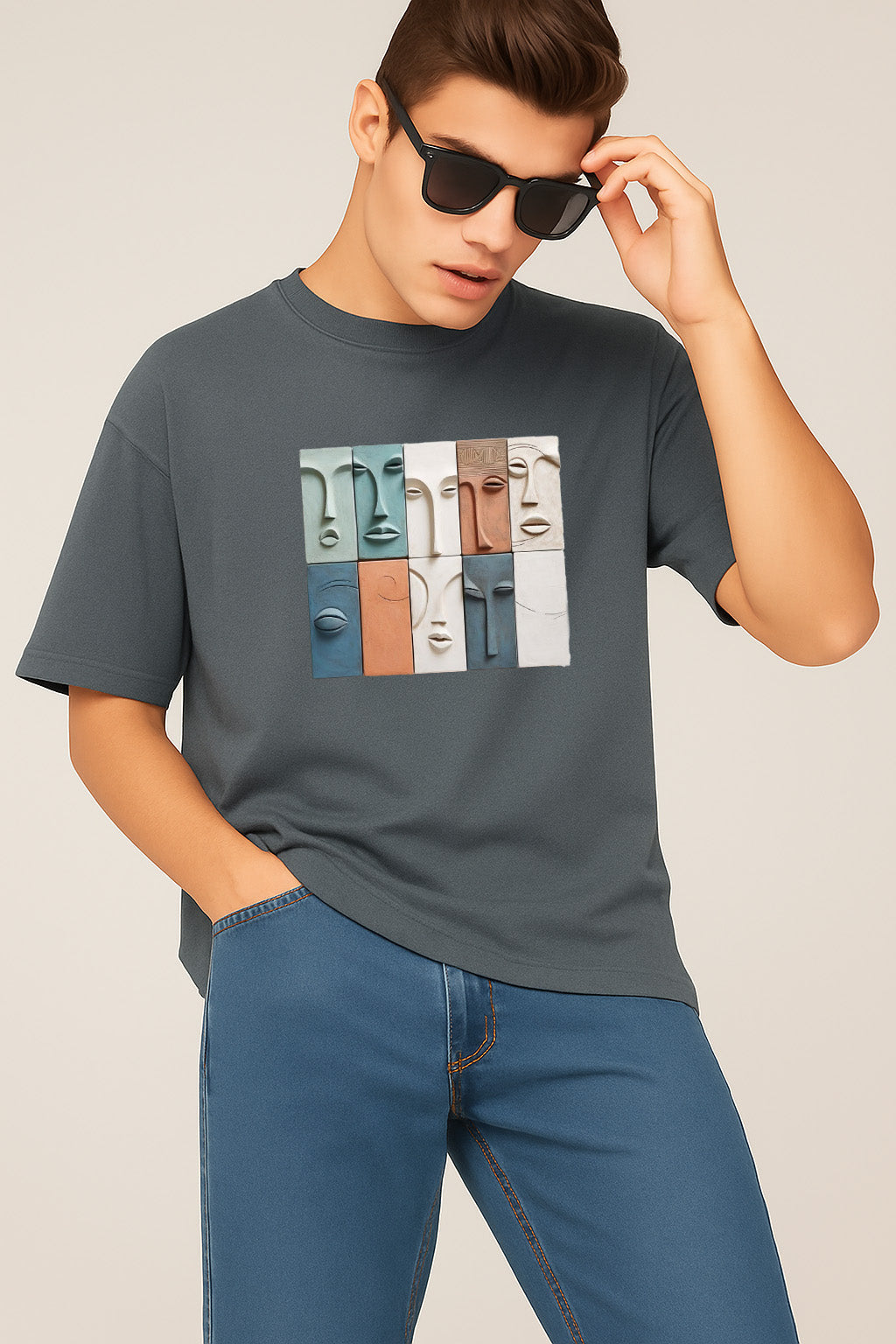 Premium Oversized T-Shirt with Colorful Abstract Faces – Modern Art Graphic Tee