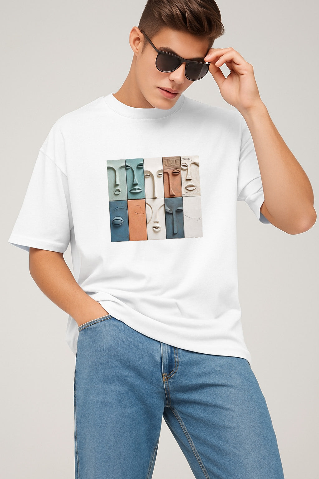 Premium Oversized T-Shirt with Colorful Abstract Faces – Modern Art Graphic Tee