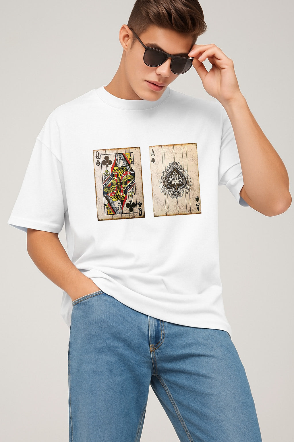 Premium Oversized T-Shirt with Vintage Playing Card Print – Queen of Clubs & Ace of Spades
