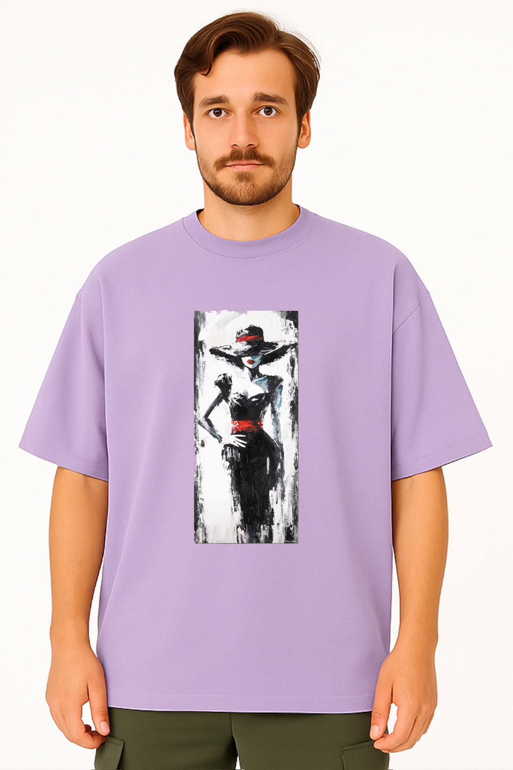 Person wearing a purple t-shirt with a graphic design on a white background