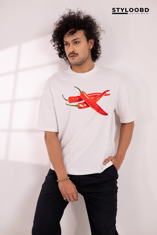 Premium Spice Mode On – Forest Green Chili Graphic Oversized T-Shirt