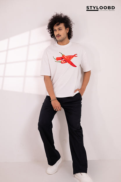 Premium Spice Mode On – Forest Green Chili Graphic Oversized T-Shirt