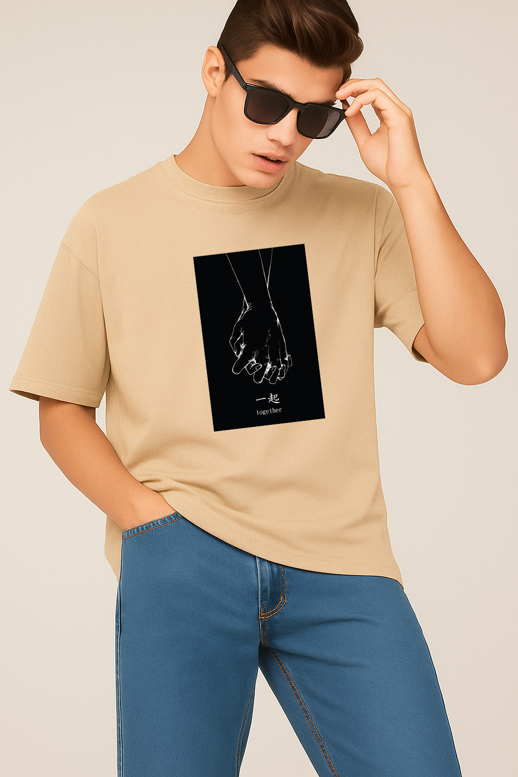 Premium Oversized T-Shirt with Minimalist “Together” Hand-Holding Graphic