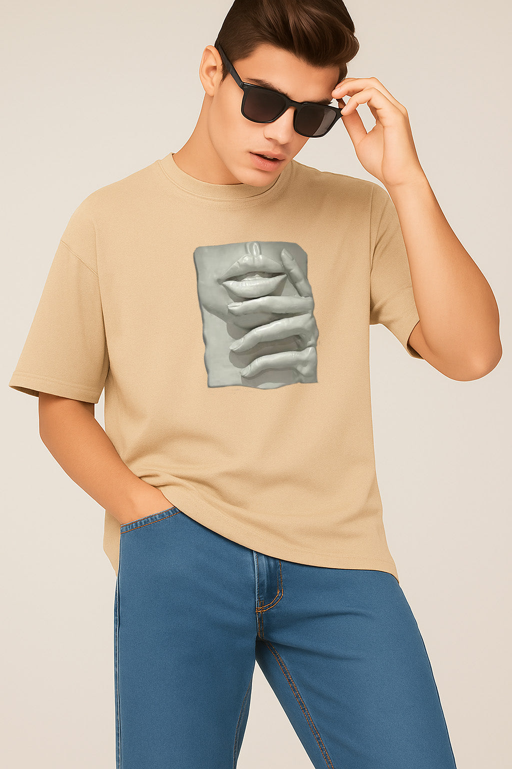 Premium Graphic T-Shirt with Sculpted Lips & Hands – Artistic Streetwear Design