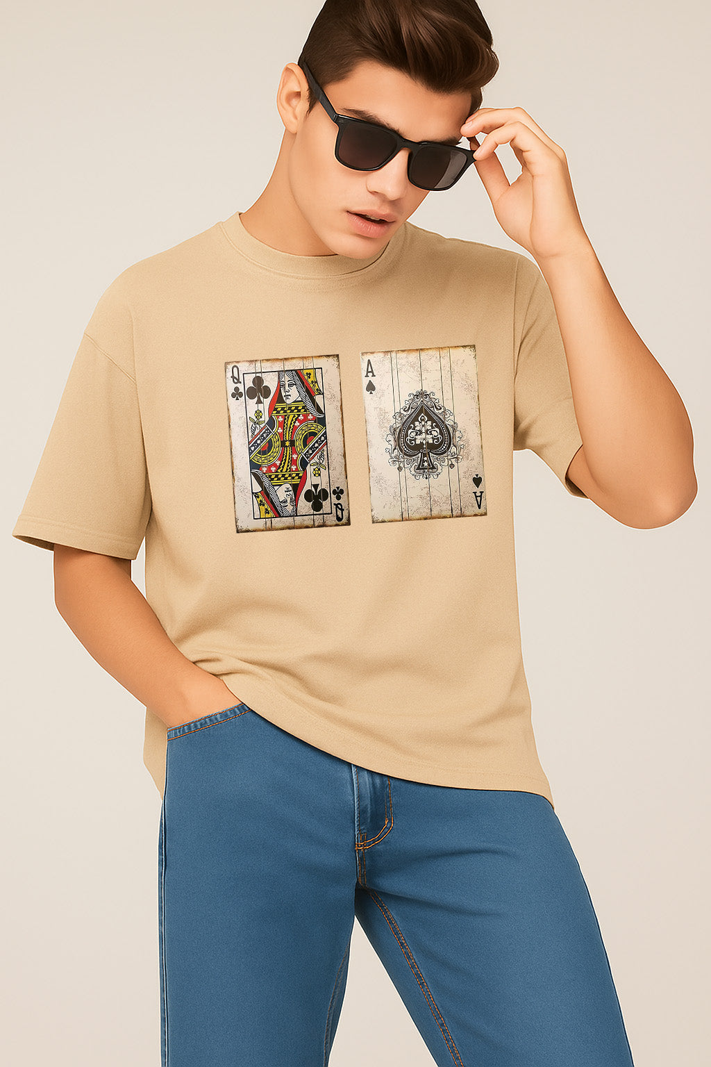 Premium Oversized T-Shirt with Vintage Playing Card Print – Queen of Clubs & Ace of Spades