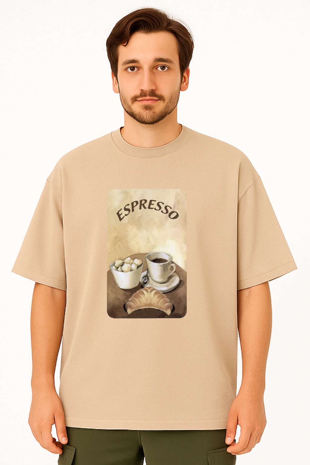 Man wearing a beige t-shirt with an 'Espresso' graphic design.