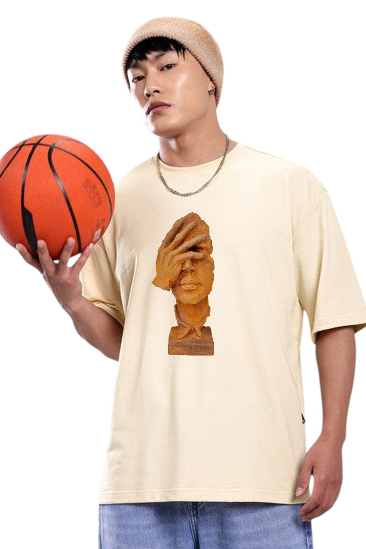 Premium Oversized T-Shirt with Abstract Face and Hand Sculpture Graphic