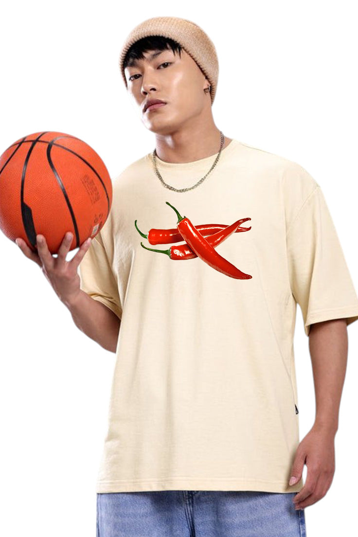 Premium Spice Mode On – Forest Green Chili Graphic Oversized T-Shirt