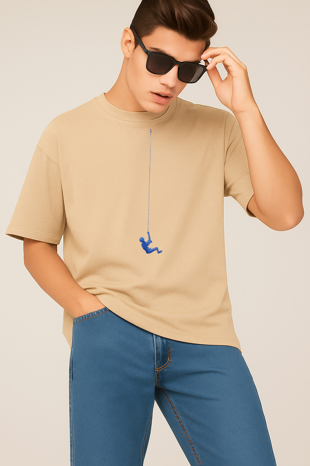 Premium Oversized T-Shirt with Minimal Blue Climber Rope Graphic