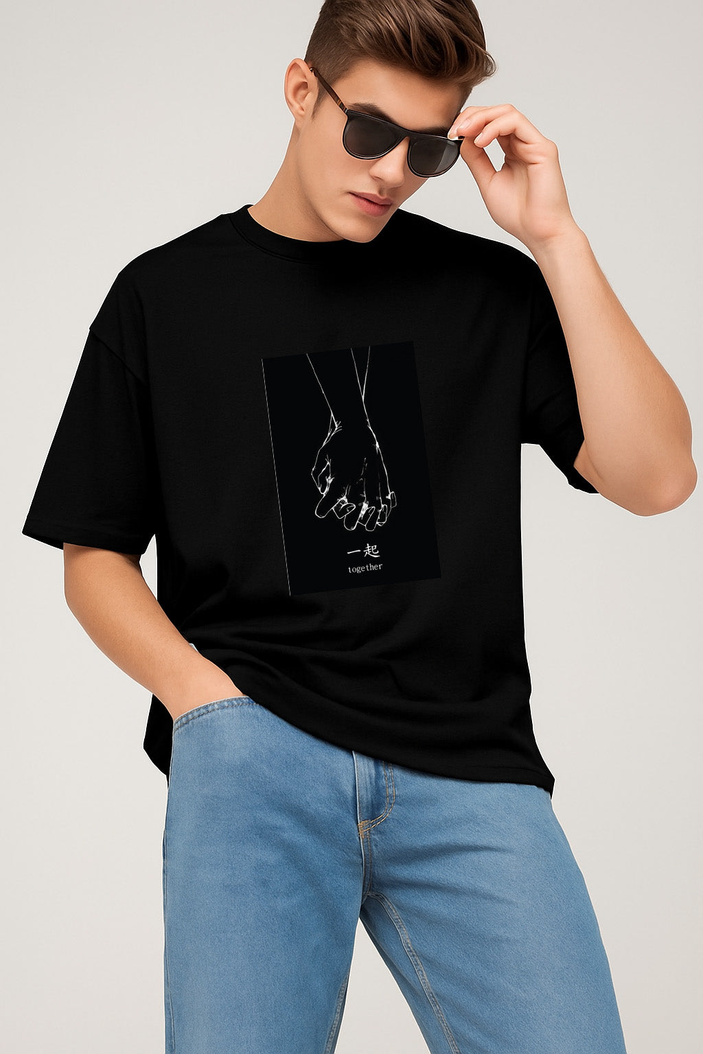 Premium Oversized T-Shirt with Minimalist “Together” Hand-Holding Graphic