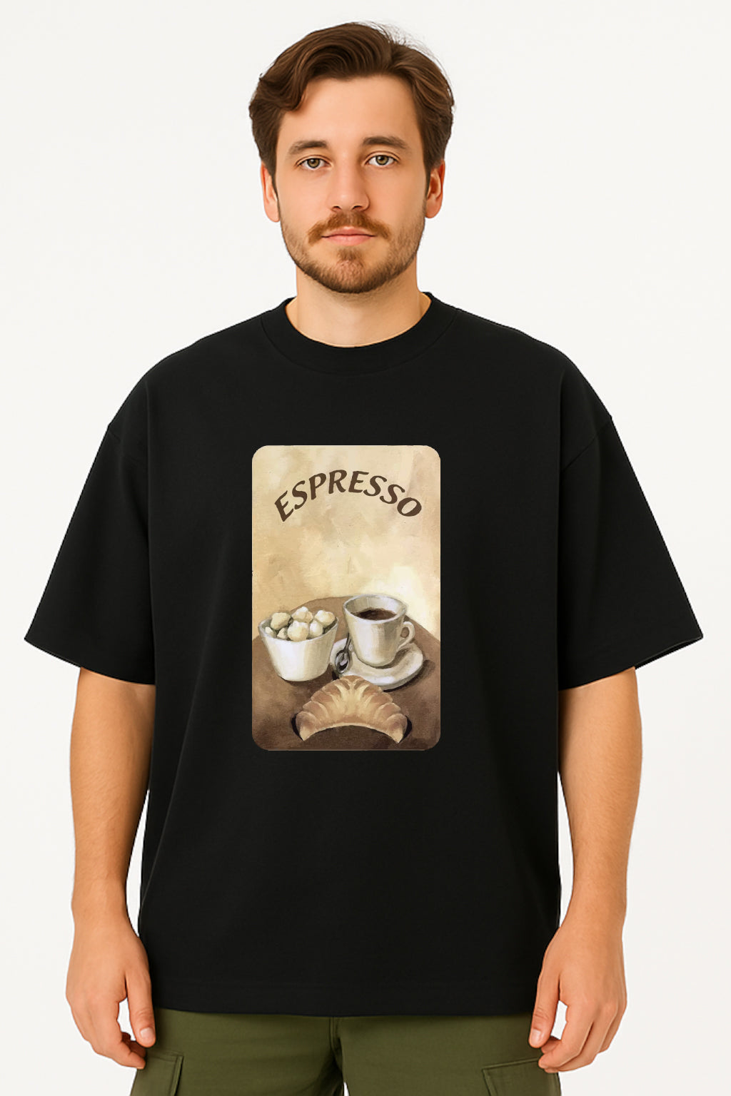 Person wearing a black t-shirt with an 'Espresso' graphic design on a white background