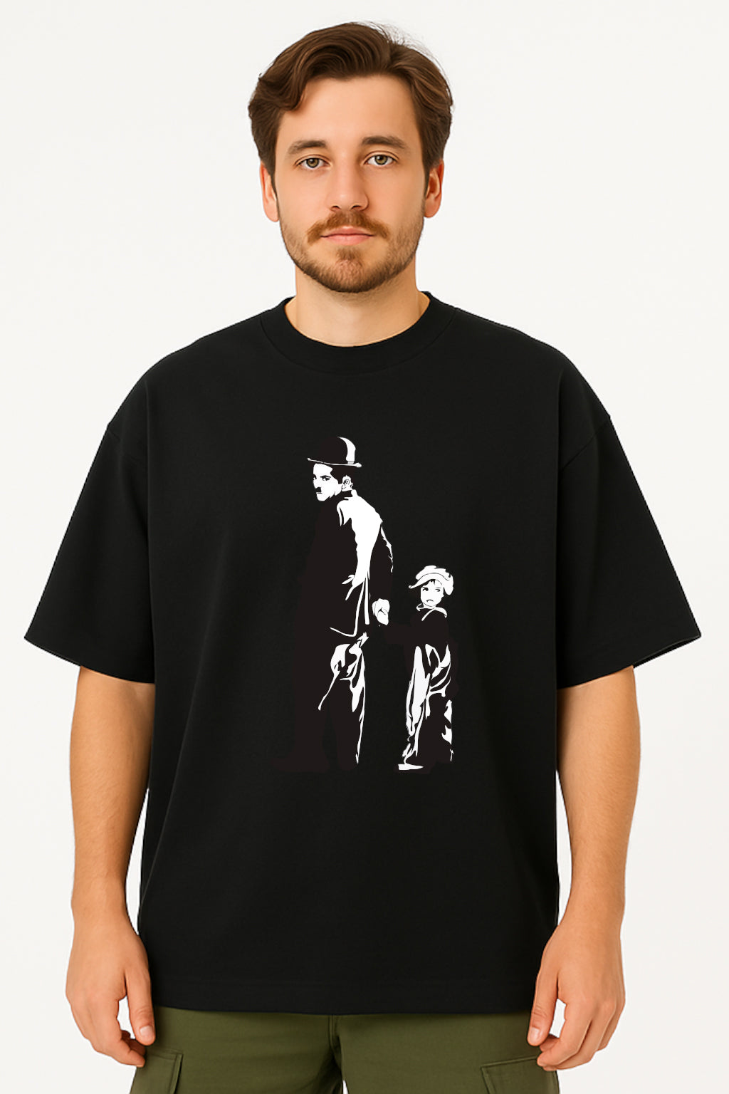 Charlie Chaplin Oversized Tee with Classic Duo Silhouette Print