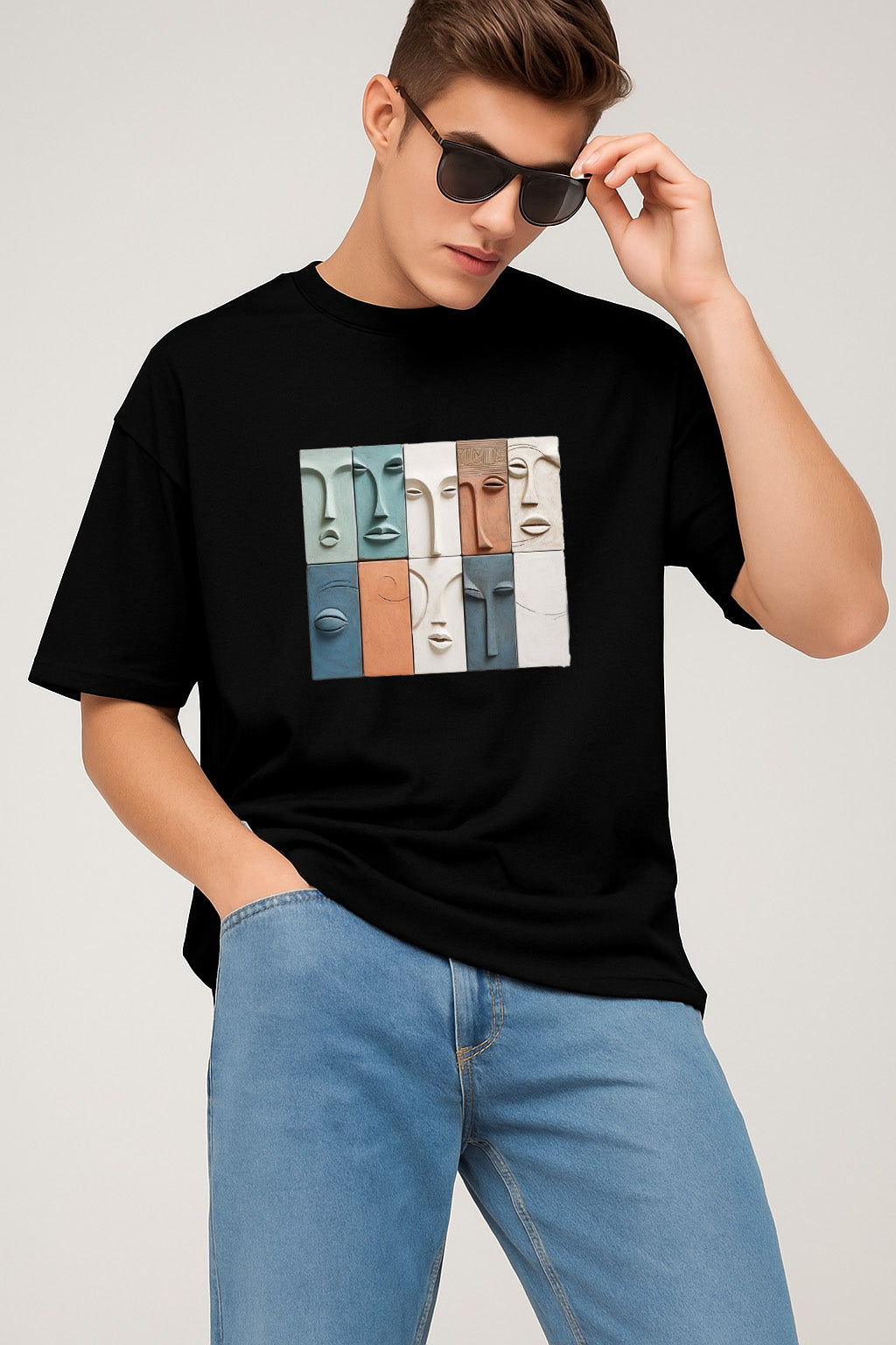 Premium Oversized T-Shirt with Colorful Abstract Faces – Modern Art Graphic Tee