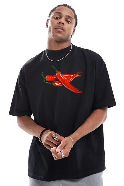 Premium Spice Mode On – Forest Green Chili Graphic Oversized T-Shirt