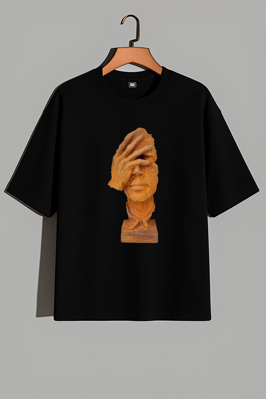 Premium Oversized T-Shirt with Abstract Face and Hand Sculpture Graphic