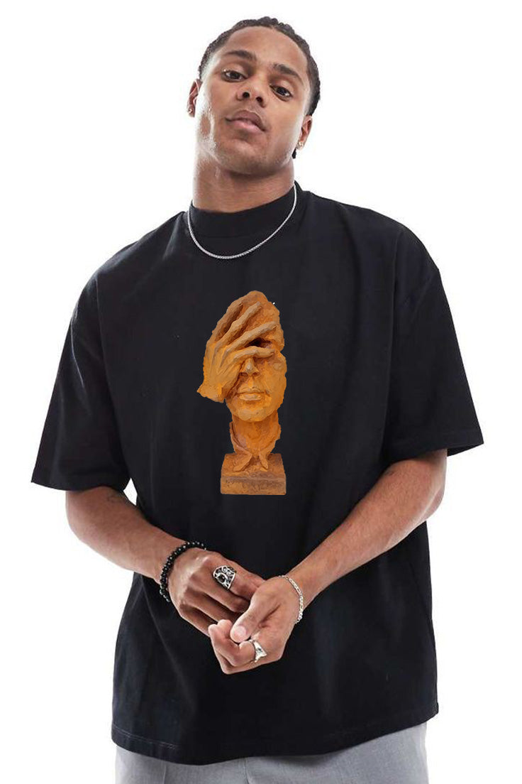 Premium Oversized T-Shirt with Abstract Face and Hand Sculpture Graphic
