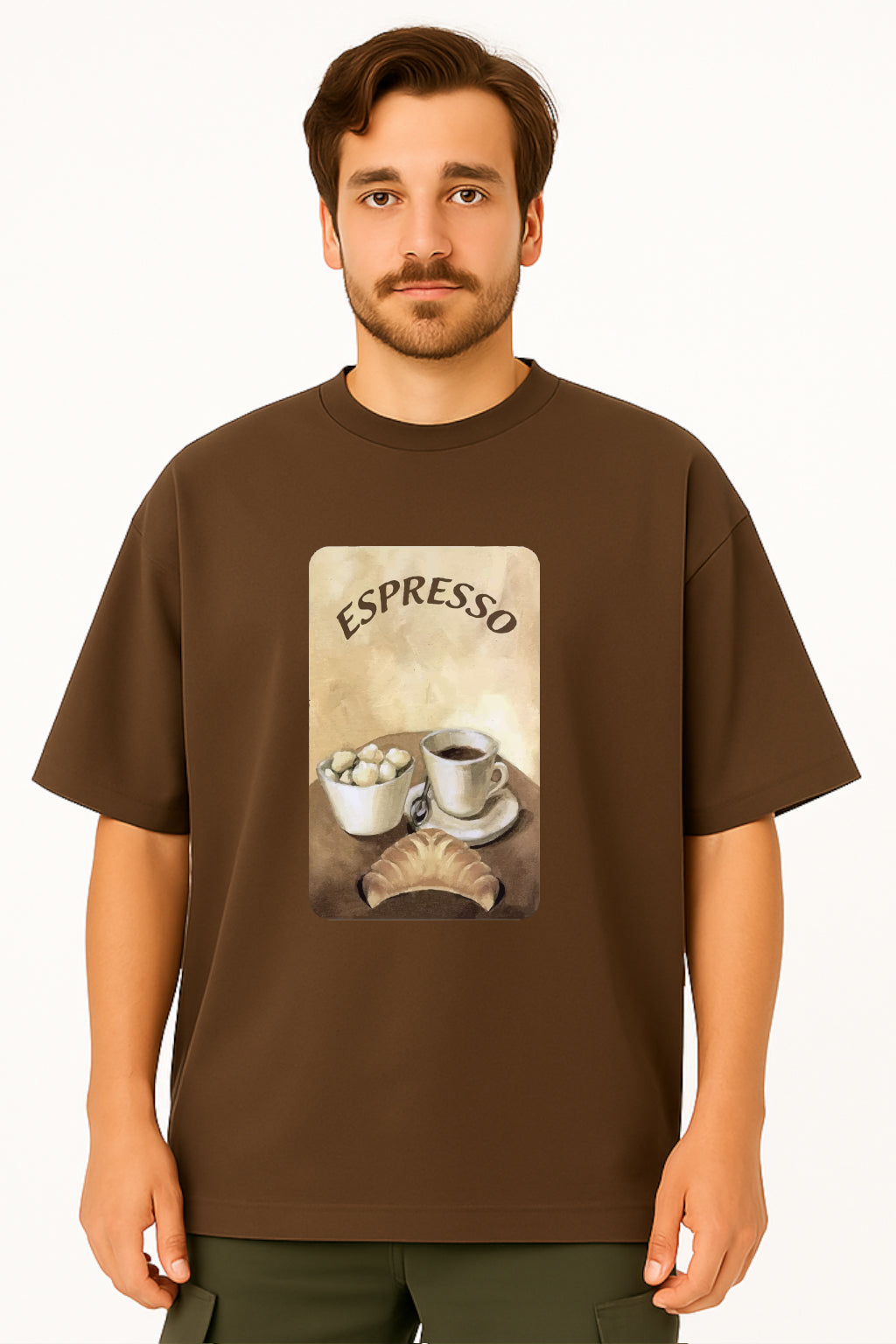 Man wearing a brown t-shirt with an 'Espresso' graphic design on a white background
