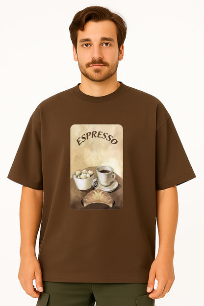 Man wearing a brown t-shirt with an 'Espresso' graphic design on a white background