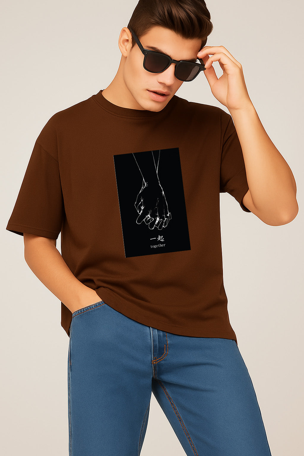 Premium Oversized T-Shirt with Minimalist “Together” Hand-Holding Graphic