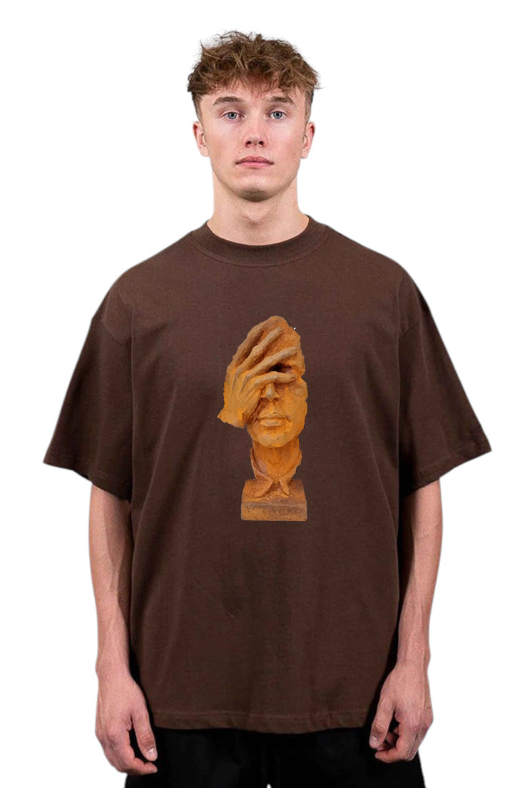 Premium Oversized T-Shirt with Abstract Face and Hand Sculpture Graphic