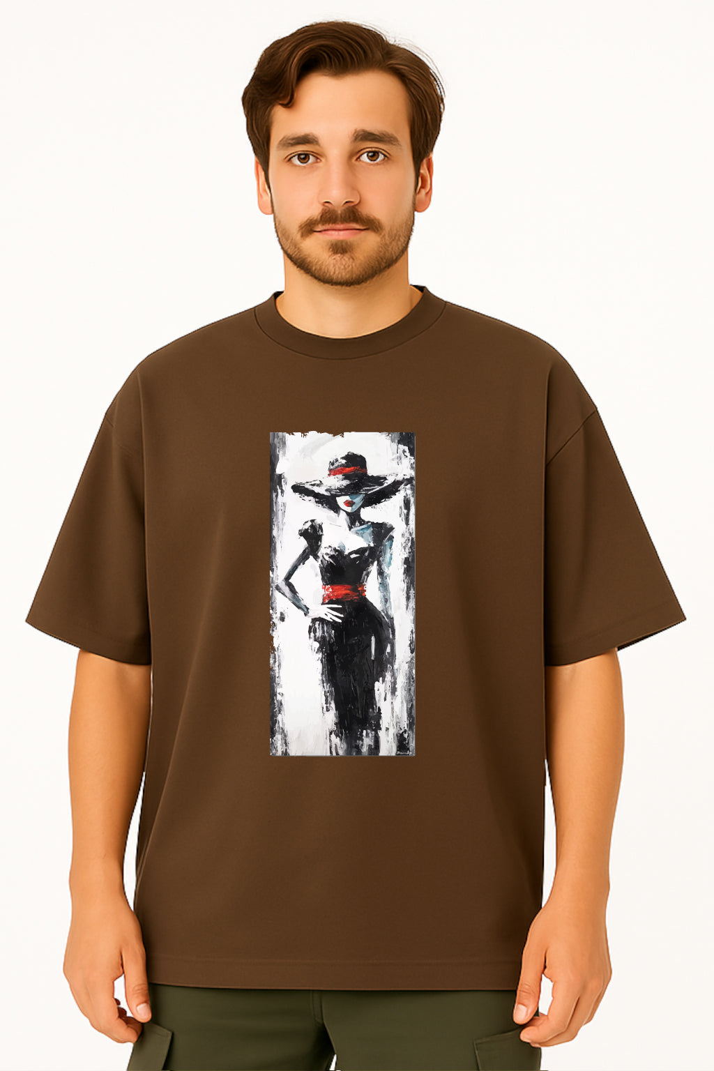 Man wearing a brown t-shirt with a graphic design on a white background