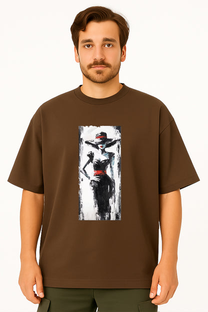 Man wearing a brown t-shirt with a graphic design on a white background