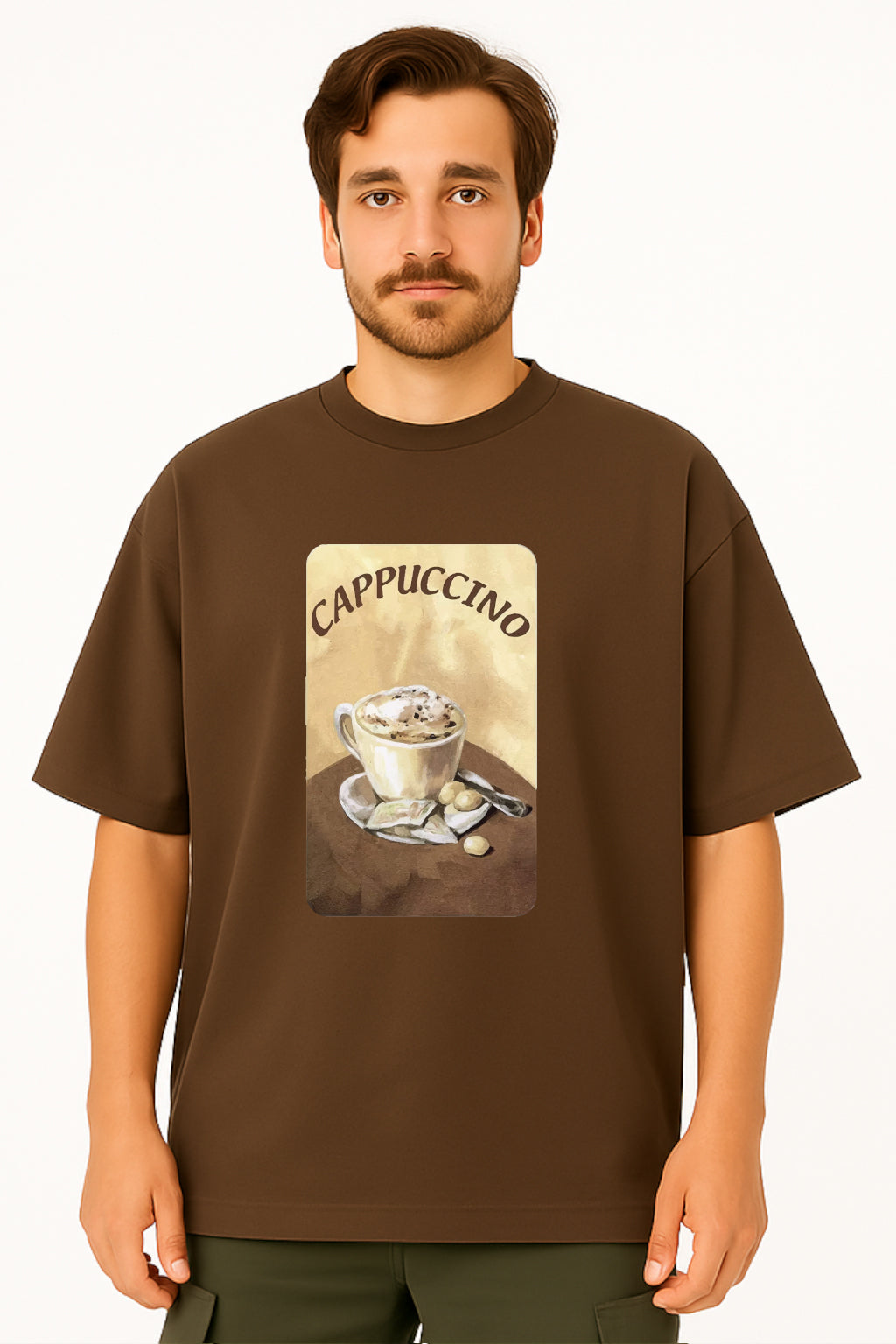Man wearing a brown t-shirt with a cappuccino graphic on a white background