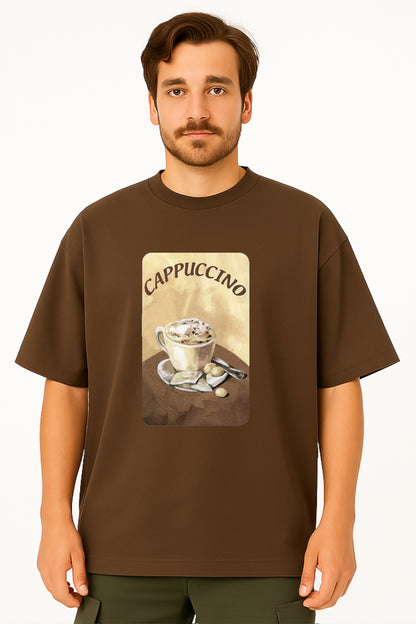 Man wearing a brown t-shirt with a cappuccino graphic on a white background