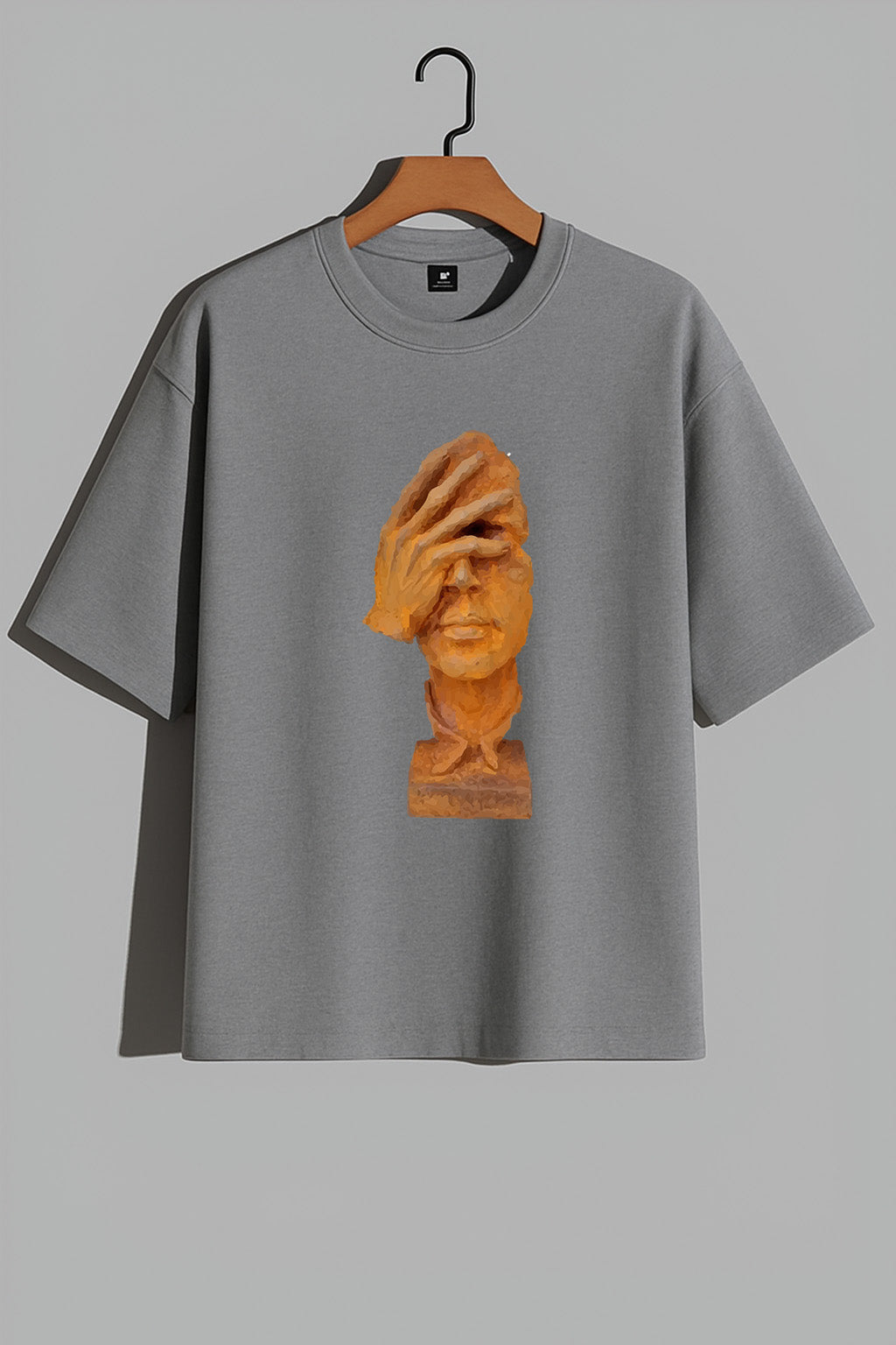 Premium Oversized T-Shirt with Abstract Face and Hand Sculpture Graphic