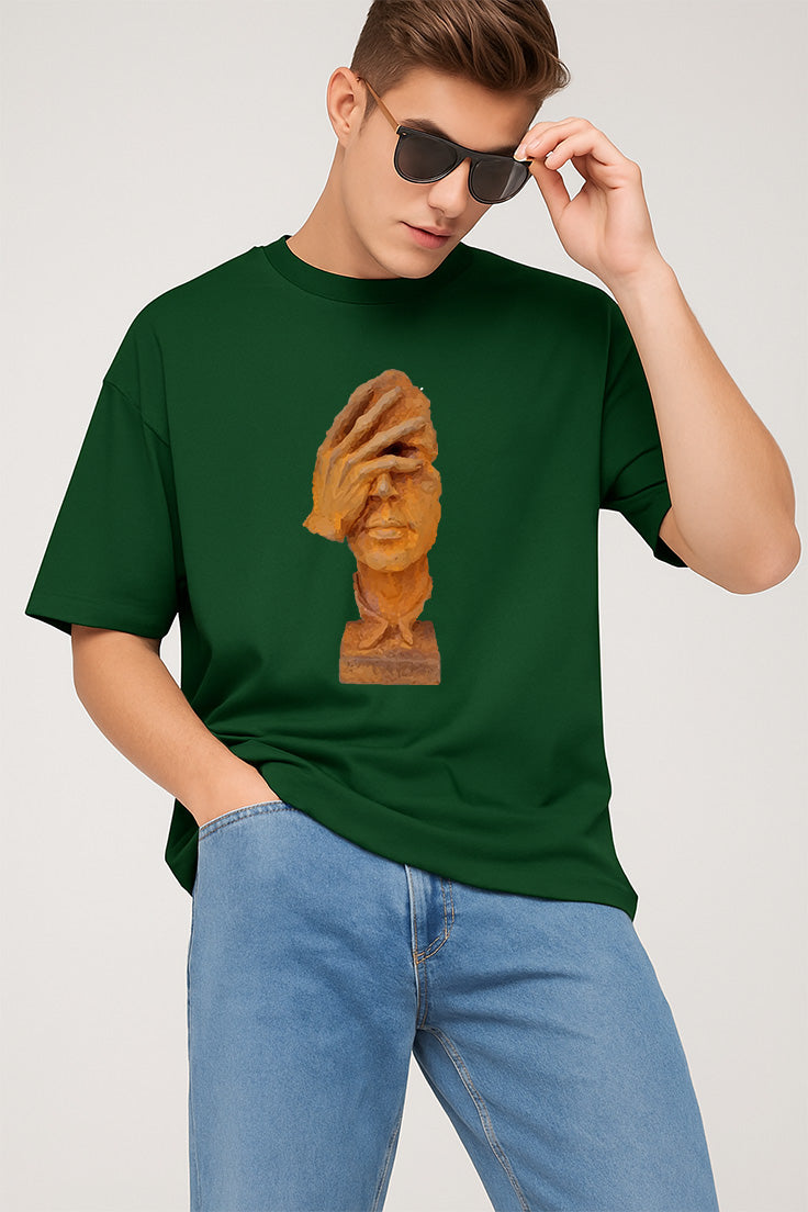Premium Oversized T-Shirt with Abstract Face and Hand Sculpture Graphic