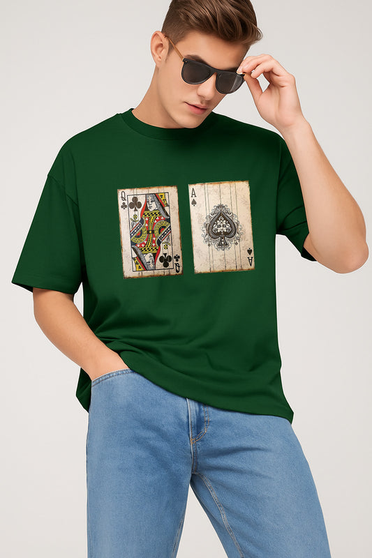 Premium Oversized T-Shirt with Vintage Playing Card Print – Queen of Clubs & Ace of Spades