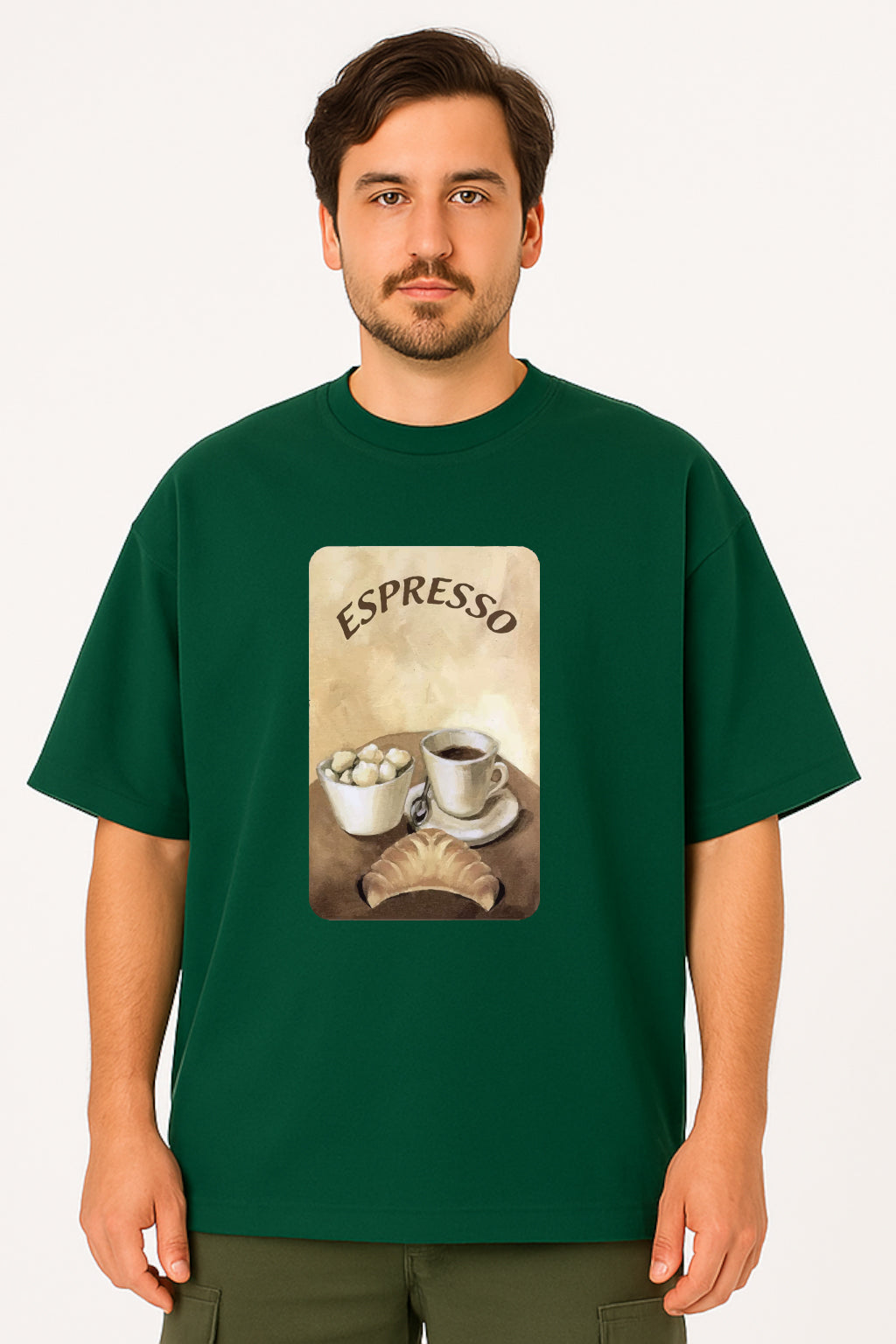 Man wearing a green t-shirt with an 'Espresso' graphic design on a white background