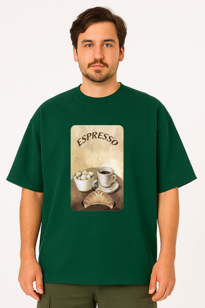 Man wearing a green t-shirt with an 'Espresso' graphic design on a white background