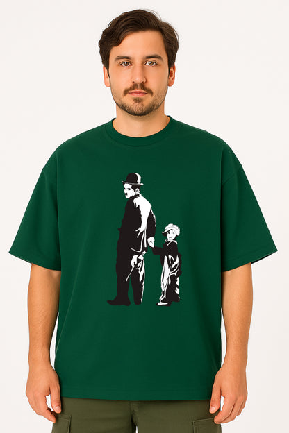 Charlie Chaplin Oversized Tee with Classic Duo Silhouette Print