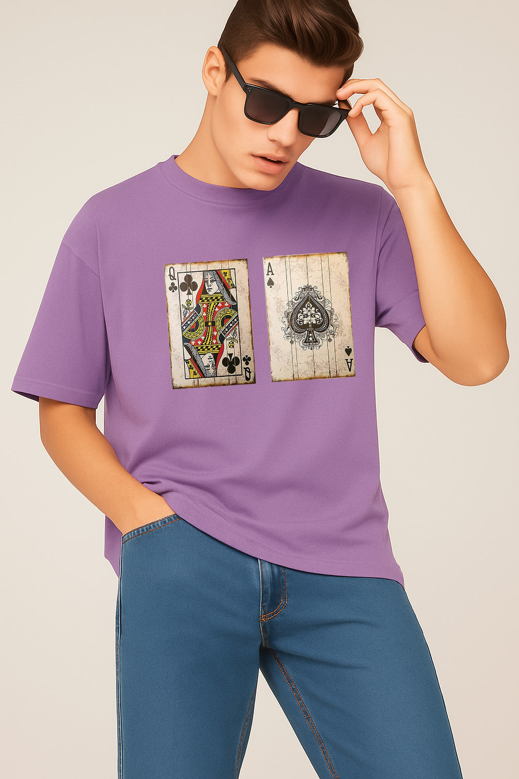 Premium Oversized T-Shirt with Vintage Playing Card Print – Queen of Clubs & Ace of Spades
