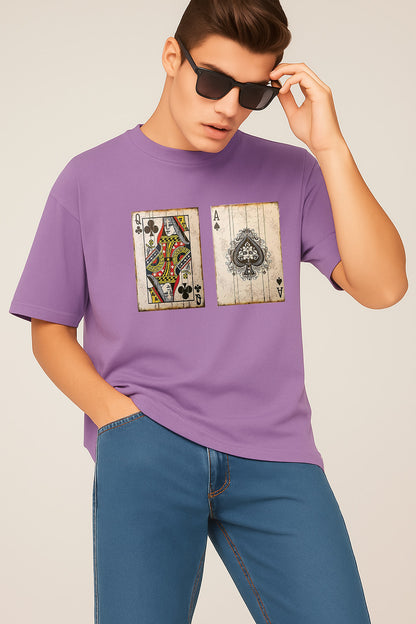 Premium Oversized T-Shirt with Vintage Playing Card Print – Queen of Clubs & Ace of Spades